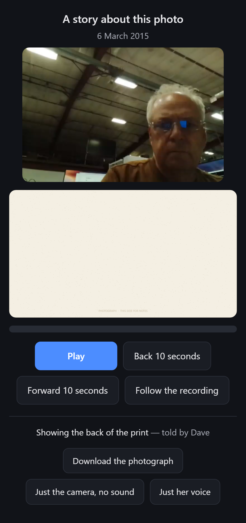 A story open in a web browser: the photo, the person talking in a small window, and large play controls underneath.